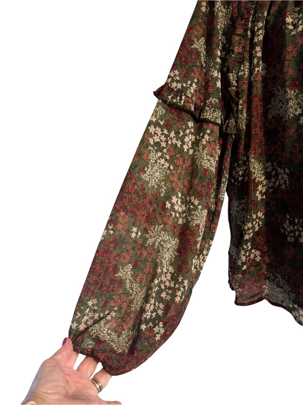 GORGEOUS Olive Floral Tie-Neck Peasant Blouse FALL!!! LARGE #W - Picture 5 of 11